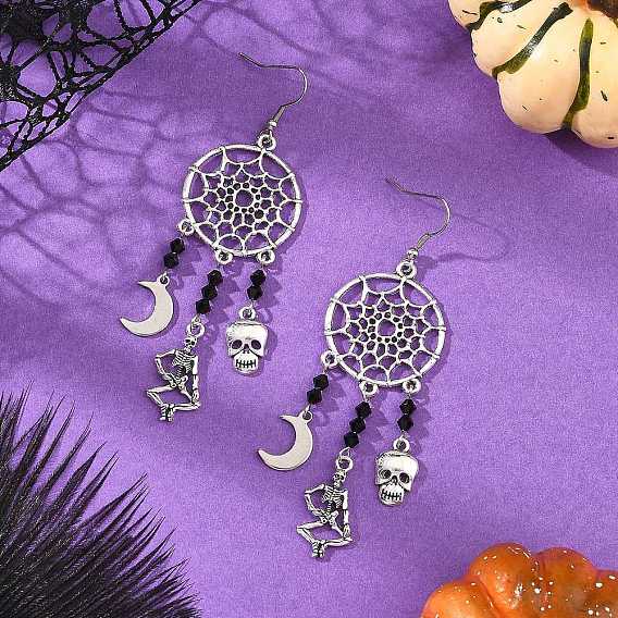 Halloween 304 Stainless Steel & Alloy & Glass Skull & Skeleton & Moon Dangle Earrings, with 316 Surgical Stainless Steel Earring Hooks