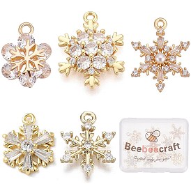 10Pcs 5 Style Brass Micro Pave Clear Cubic Zirconia Pendants, with ABS Plastic Imitation Pearl, Snowflake