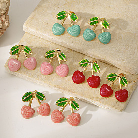 304 aretes esmaltados de acero inoxidable para mujer, cereza, dorado