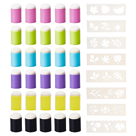 CRASPIRE 30Pcs 6 Colors Sponge Painting Tool, with Plastic Handle, Column, with 1 Set Flower Pattern Plastic Drawing Stencil