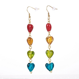 Handmade Silver Foil Glass Dangle Earring, with 304 Stainless Steel Earring Hooks and Ear Nuts, Heart, Golden