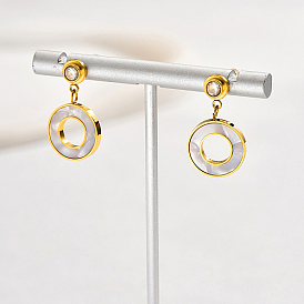 Boucles d'oreilles pendantes en forme de beignet avec oxyde de zirconium, 304 boucles d'oreilles en acier inoxydable