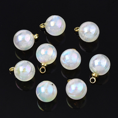 ABS Plastic Imitation Pearl Charms, with Brass Findings, AB Color Plated, Golden, Round