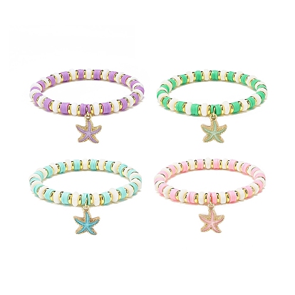4Pcs 4 Colors Alloy Enamel Starfish Stretch Charm Bracelets, with Polymer Clay Beads and Brass Beads, Golden