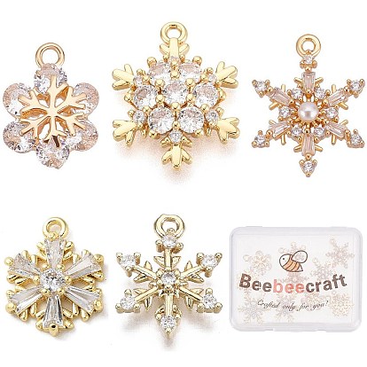 10Pcs 5 Style Brass Micro Pave Clear Cubic Zirconia Pendants, with ABS Plastic Imitation Pearl, Snowflake