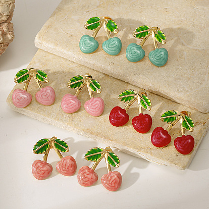 304 aretes esmaltados de acero inoxidable para mujer, cereza, dorado