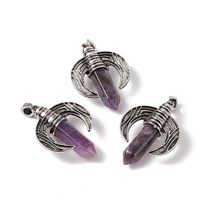 Natural & Synthetic Gemstone Pendants, with Antique Silver Tone Alloy Ox Horn Findings, Cadmium Free & Lead Free, Faceted Bullet Charm