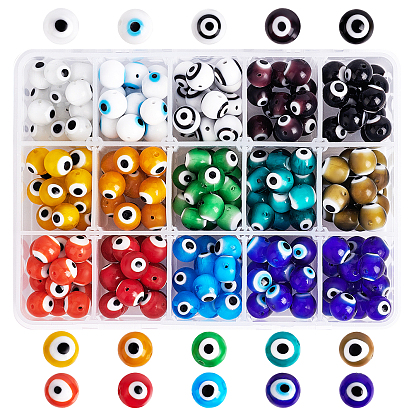225 Pcs 15 Colors Handmade Evil Eye Lampwork Round Beads
