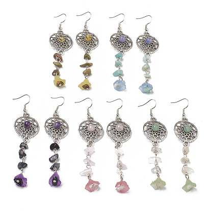 Pendientes de perlas de piedras preciosas mezcladas naturales cuelgan pendientes, con fornituras de aleación y hierro, plano y redondo con tela de araña, ángel encantador vestido de novia cuelga
