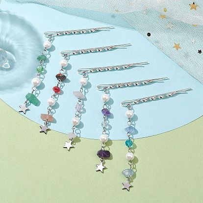 Épingle à cheveux en pierres précieuses naturelles et perles, étoile 304 épingle à breloque en acier inoxydable pour femmes filles