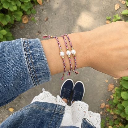 Boho Round Natural Freshwater Pearl Braided Bead Bracelet Sets for Women, Adjustable Stackable Bracelets, Golden