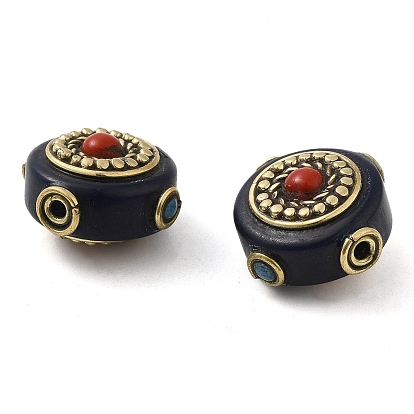 Handmade Tibetan Style Resin Beads, with Synthetic Turquoise and Brass Findings, Flat Round
