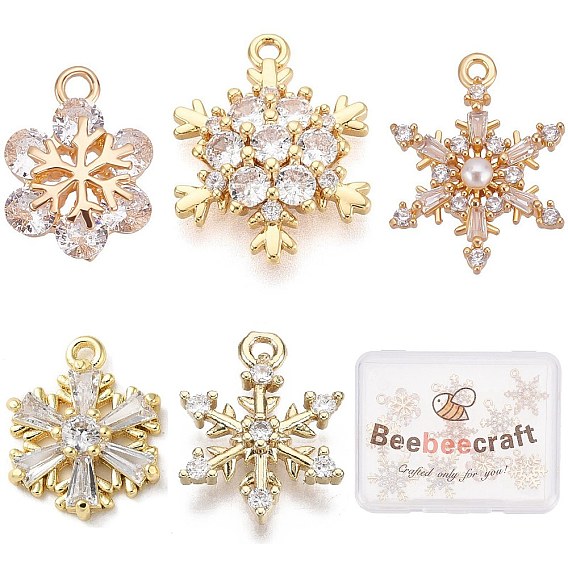 10Pcs 5 Style Brass Micro Pave Clear Cubic Zirconia Pendants, with ABS Plastic Imitation Pearl, Snowflake