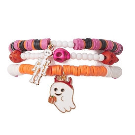 3Pcs Halloween Theme Handmade Polymer Clay Beaded Stretch Bracelets, with Alloy Enamel Skeleton Ghost Pendants and Glass Beads