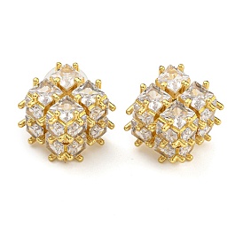 Brass Micro Pave Clear Cubic Zirconia Stud Earrings, Cube