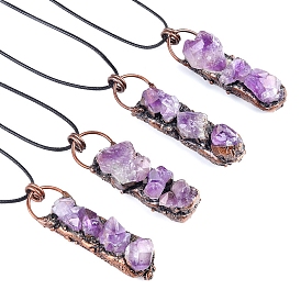 Natural Amethyst Pendants, Rectangle Brass Charms, Red Copper