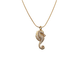 Seahorse Pendant Necklace with Zirconia Stones, Copper Plated in Real Gold for Women's Jewelry