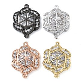 Rack Plating Brass Clear Cubic Zirconia Flower Connector Charms, Long-Lasting Plated, Lead Free & Cadmium Free