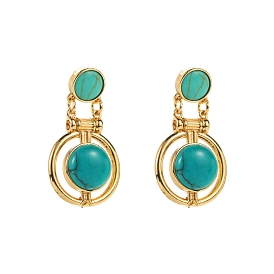 Alloy Stud Earring, with Synthetic Turquoise, Flat Round