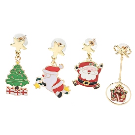 Рождественские серьги-гвоздики с эмалевым сплавом, дед мороз и новогодняя елка