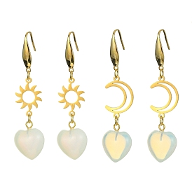 2 Pair 2 Style Opalite Heart Dangle Earrings, Moon & Sun Alloy Long Drop Earrings with 316 Surgical Stainless Steel Pins