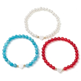 3Pcs 3 Styles Natural Dyed Malaysia Jade Beads Stretch Bracelets Sets, ABS Plastic Imitation Pearl Bracelets for Women