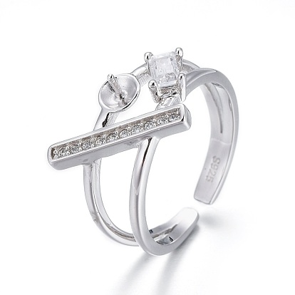 925 Sterling Silver Cuff Rings, Design Ring Mounts Fittings with Pearl Seat, For Half Drilled Beads, with Cubic Zirconia, with 925 Stamp