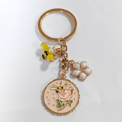 Alloy Enamel Keychain, with Iron Findings, Flower & Bees