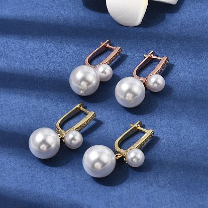 Серьги-кольца из латуни с микропаве из кубического циркония, с пластмассовой жемчужиной abs, долговечный, стойки покрытие, без свинца и без кадмия