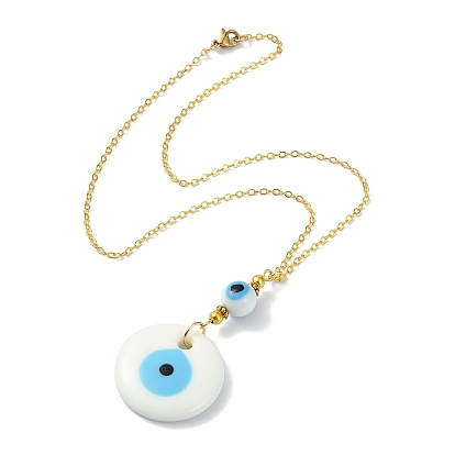 Lampwork Evil Eye Pendant Necklace, with Brass Cable Chains