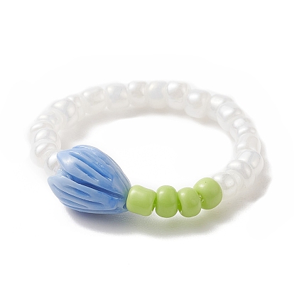 Flower Bud Synthetic Coral & Glass Seed Beaded Stretch Ring for Women