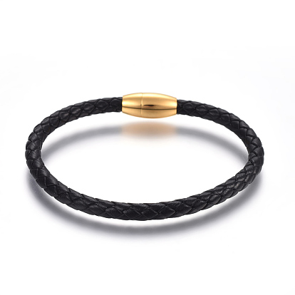 Leather Braided Cord Bracelets, with 304 Stainless Steel Magnetic Clasps, Golden