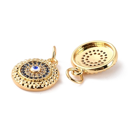 Brass Micro Pave Cubic Zirconia Pendants, with Enamel, Long-Lasting Plated, Cadmium Free & Lead Free, Flat Round with Evil Eye