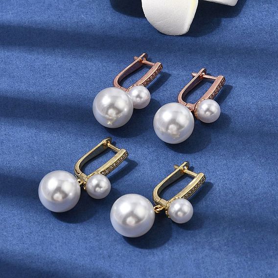 Серьги-кольца из латуни с микропаве из кубического циркония, с пластмассовой жемчужиной abs, долговечный, стойки покрытие, без свинца и без кадмия