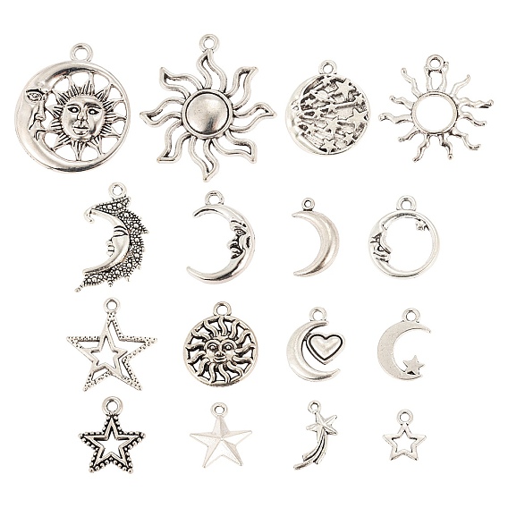 96Pcs Moon & Sun & Geometry Tibetan Style Alloy Pendants, Celestial Pendants