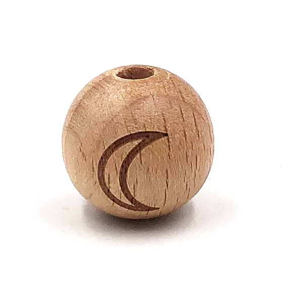 Beech Wood Beads, Laser Engraved Bead, Round with Moon, Undyed, BurlyWood