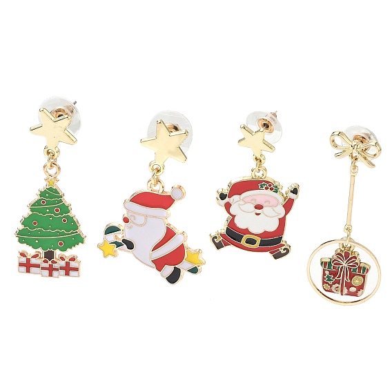 Рождественские серьги-гвоздики с эмалевым сплавом, дед мороз и новогодняя елка
