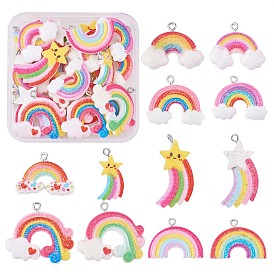 36 piezas 12 estilos colgantes de arco iris en polvo brillante, colgante de resina con forma de nube arcoíris, con aros de hierro en tono platino, Forma mixta para joyería, collar, pendientes, manualidades.