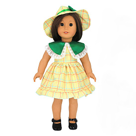 Grid Pattern Summer Cloth Doll Collar Style Dress & Hat Set, Doll Clothes Outfits, for 18 inch Girl Doll Dressing Accessories