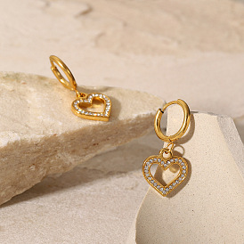 18K Gold Stainless Steel Hollow Heart Pendant Earrings with Zircon Inlay for Women