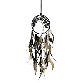 Tree of Life Feather Woven Net/Web Wind Chimes Wind Chime, with Natural Black Agate and Iron Ring