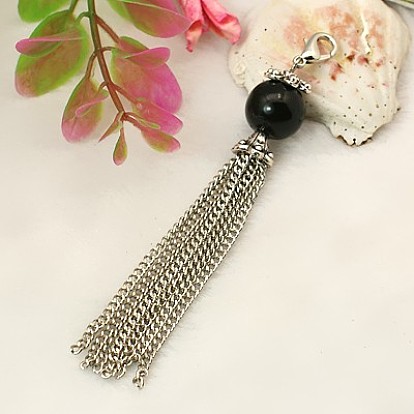 Fashion Tassels Pendant Decorations, with Tibetan Style Bead Caps, Glass Pearl Beads, Iron Twisted Chains and Alloy Lobster Claw Clasps, 90mm