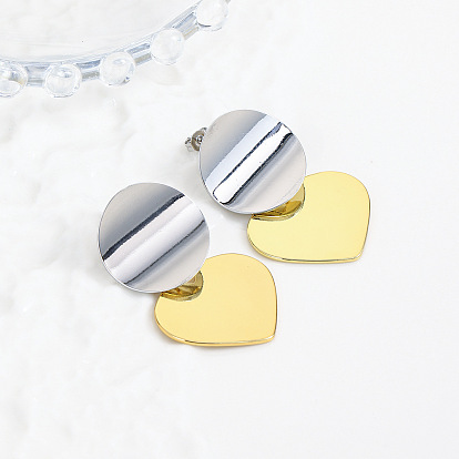 Латунные качают серьги, двухцветный плоский круглый с сердцем