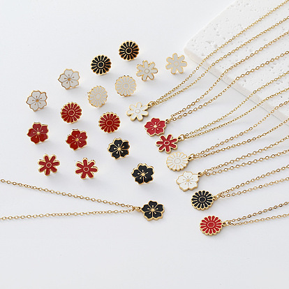 304 Ensemble collier et boucles d'oreilles pendantes en acier inoxydable émaillé en forme de fleur pour femme, or