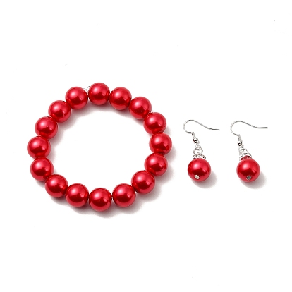 Valentines Gift for Girlfriend Glass Pearl Jewelry Sets Earrings & Bracelets, with Middle East Rhinestone and Brass Earring Hooks, Bracelets: 55mm, Earrings: 40mm