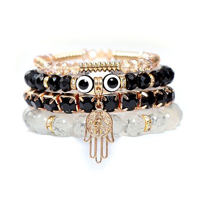 Bohemian Style Bracelet with Devil Eye Charm, Crystal Rhinestone Chain and Palm Pendant Jewelry for Women