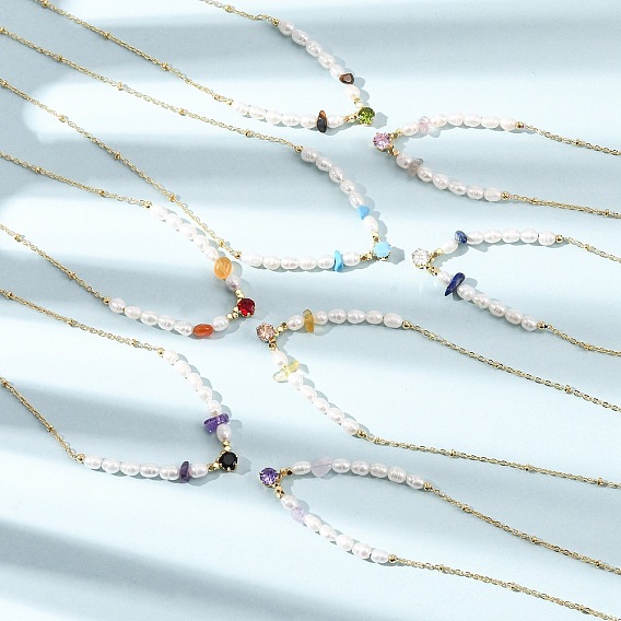 Gemstone Chip and Rice Natural Pearl Beaded Necklaces, Brass Pave Cubic Zirconia Necklaces, Real 18K Gold Plated, Long-Lasting Plated, Rack Plating, Lead Free & Cadmium Free