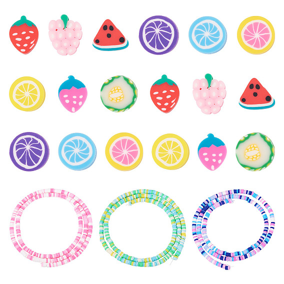3 пряди 3 раскраски бусин из полимерной глины ручной работы, для поделок ювелирных изделий, Heishi бусы, Диск / плоские круглые, с 120шт. бусинами из полимерной глины ручной работы с фруктовой тематикой