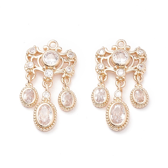 Brass Micro Pave Clear Cubic Zirconia Pendants, Woven Net/Web with Feather