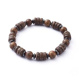 Stretch Bracelets, with Natural Wood Beads and Non-Magnetic Synthetic Hematite Beads